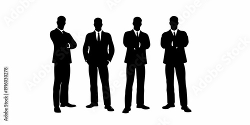 Silhouettes of four businessmen standing in a row arms crossed