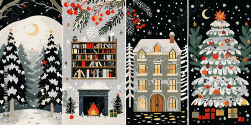 Four seasonal panels depicting winter scenes with trees books and a home