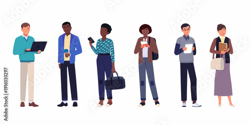 Diverse group of professionals standing in a row looking forward