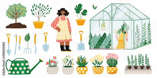 A woman tending to plants and a greenhouse in a colorful illustration