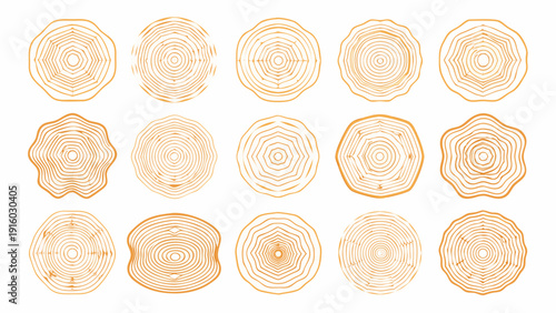 Collection of orange stylized tree rings in varying shapes and sizes