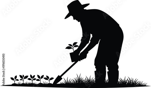 Farmer silhouette planting seedlings in neat rows with a shovel and a hat, representing agriculture and growth.