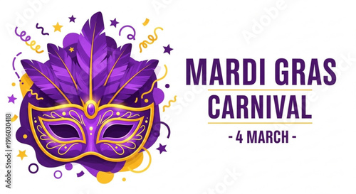 Mardi gras carnival mask with purple and gold decorations on white background with confetti and stars