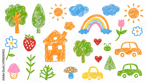 Child s crayon drawing featuring a colorful landscape with trees sun and house