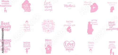 Mothers Day Greeting Cards with Pink Illustrations and Heartfelt Messages