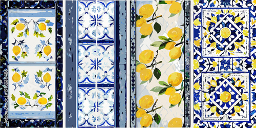 A vibrant collection of blue and white lemon patterned ceramic tiles
