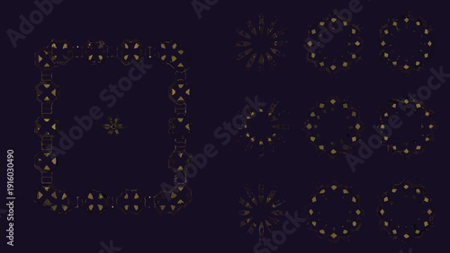 Golden floral and circular patterns against a deep purple background