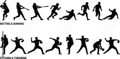 Baseball, player, silhouette, set, with, batting, running, pitching, throwing, and, sliding, poses, for, sports, team, competition, training, game, action, and, fitness