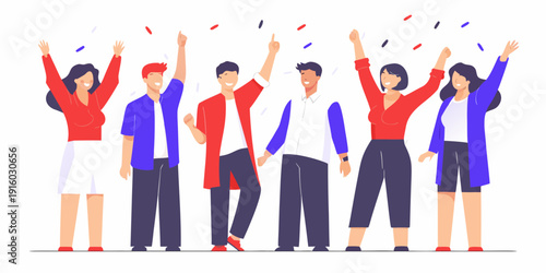 A group of people celebrating with arms raised in joyful excitement