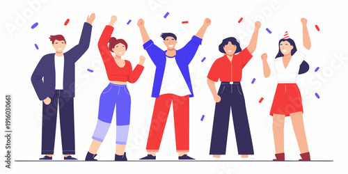 Celebrating a success a group of people cheering with confetti falling