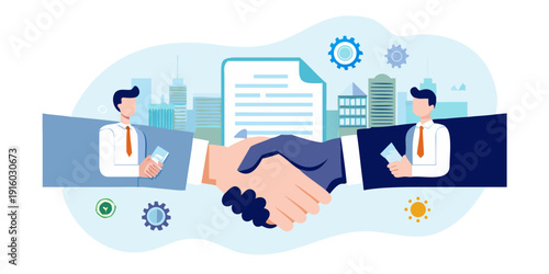 Business agreement and partnership illustrated with a handshake and document