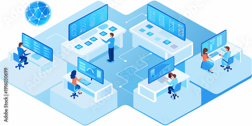 Isometric illustration of a modern data center with multiple workstations