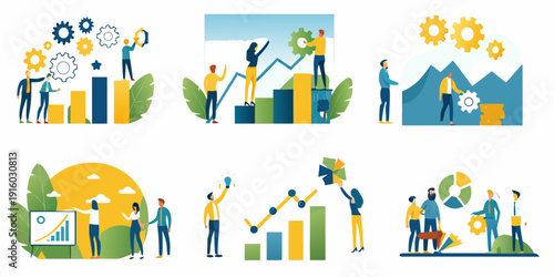 Teamwork and business growth illustrated with gears charts and landscapes