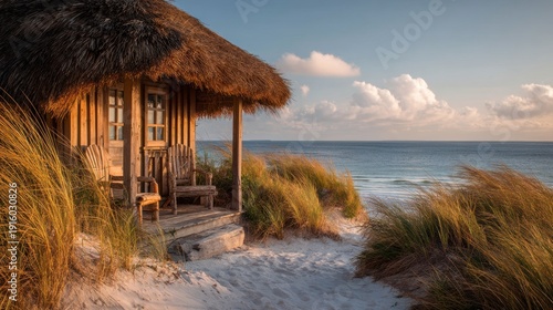 Coastal wooden cabin on a sandy beach with the ocean and blue sky background