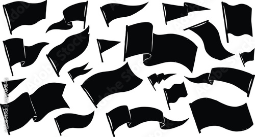 Black, flag, silhouette, collection, with, various, waving, pennant, shapes, isolated, icons, set, for, map, pins, marking, destination, advertising, and, design