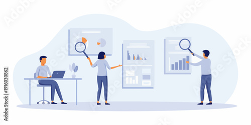 Team analyzing data and presenting findings with charts and graphs