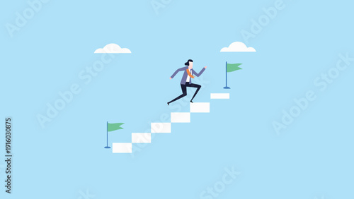 Businesswoman running up stairs towards success with green flags