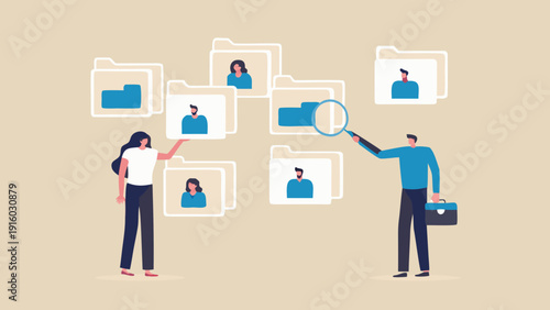 Team collaboration and digital recruitment with floating profile folders