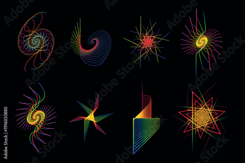 Collection of eight colorful geometric and mathematical designs with rainbow gradient lines arranged in symmetrical grid on black background