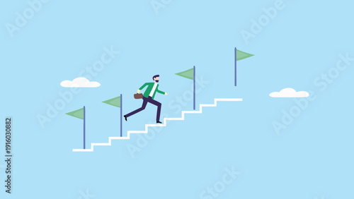 A businessman ascends a staircase with green flags representing growth and success