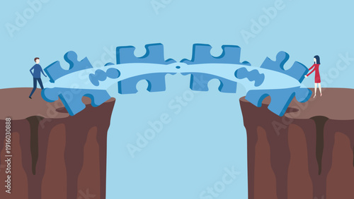 People connecting puzzle pieces to bridge a gap between two cliffs