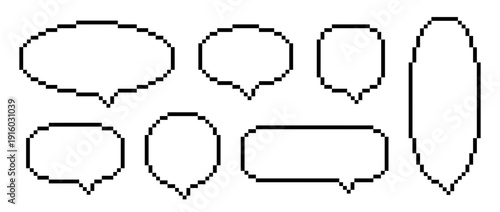 Black pixelated text dialog boxes. Empty pixelated frame collection. Retro 8 bit shape pack for speach box, chat bubble, message cloud, communication dialog, talk balloon. Vector pixel border bundle