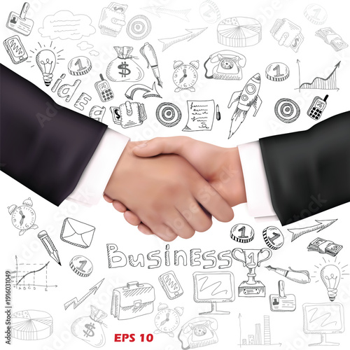 Realistic Business Handshake Vector. Two Businessmen Shaking Hands in Suits over a Background of Hand-Drawn Financial Doodles and Growth Icons