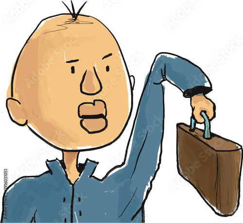 A bald, businesslike man lifted a suitcase or briefcase high with one hand. His face showed a seriousness bordering on displeasure.