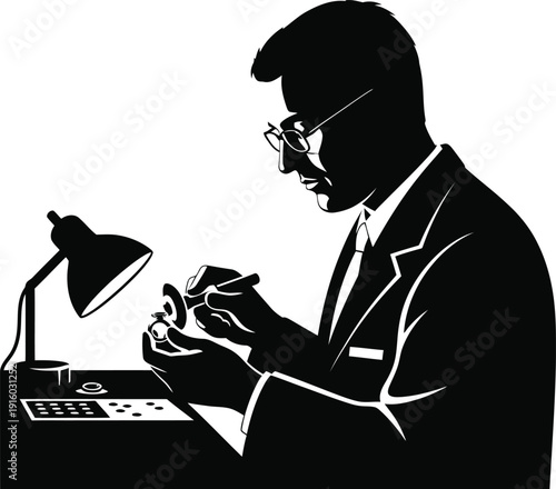 Silhouette of a jeweler or watchmaker meticulously working on a small intricate object with a magnifying glass and tools.