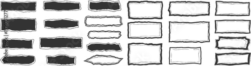 Set of jagged torn paper rectangle frames with rough, ripped edges in a clean black and white design. Perfect for labels, banners, creative layouts, and grunge-inspired projects while keeping a simple