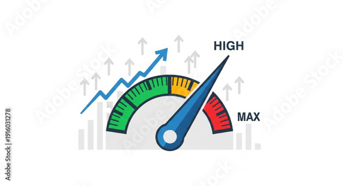 Speedometer showing high performance and growth chart.