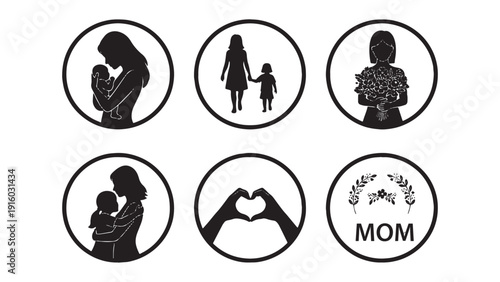 Mother and child silhouette icon set for Mother's Day greeting cards, parenting blog graphics, family care branding, maternal health campaigns, and celebratory event promotional materials