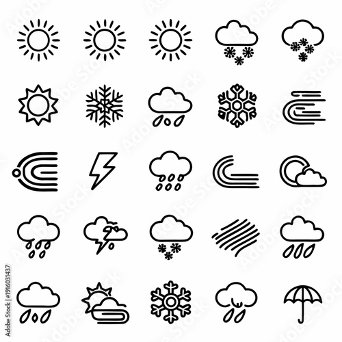 Collection of weather icons in clean line art style, depicting sun, clouds, rain, snow, lightning, and wind for forecasts.