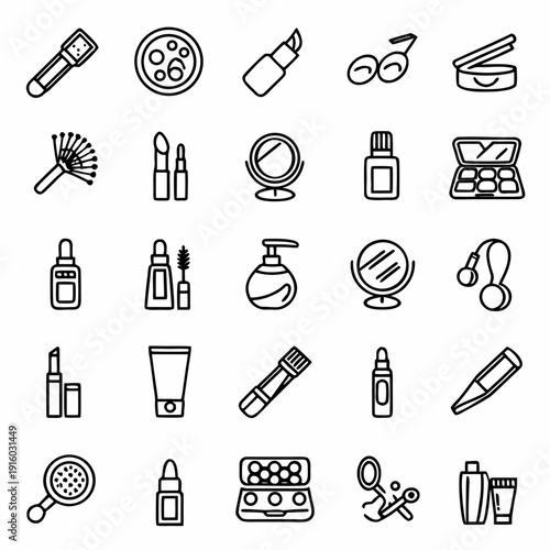 Beauty and cosmetics icons: makeup products, skincare, and grooming tools. Lipstick, mascara, foundation, blush palette, mirror, serum, cream, powder puff, makeup brush, hairbrush, scissors.