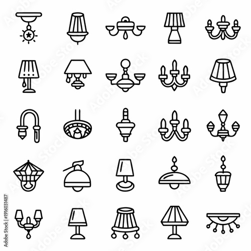 Lighting fixtures icons: chandeliers, lamps, and ceiling lights. Pendant light, table lamp, floor lamp, wall sconce, chandelier, bulb, modern lighting, vintage lampshade, home decor.