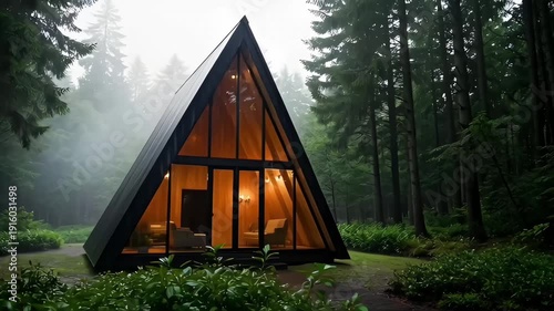 Wallpaper Mural Triangular a-frame cabin house in forest nature with glass architecture window among tree Torontodigital.ca