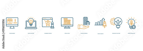 Creative Online Business Solutions Banner Illustration for Ecommerce Strategy, Smart Technology and Business Growth Concept