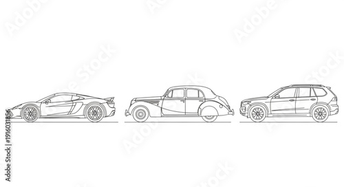 Three different cars drawn in a sketch style on a white background.