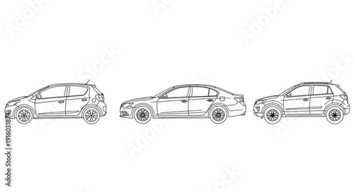 Three different car sketches in a row on white background.