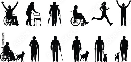 Diverse, disability, silhouette, set, with, wheelchair, users, crutches, walker, and, service, dogs, for, inclusion, accessibility, medical, health, awareness, and, social, diversity