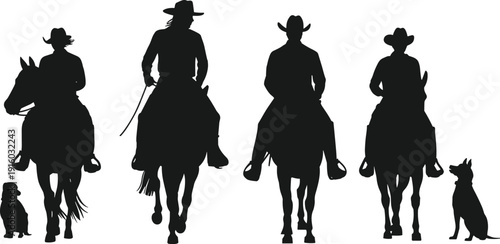 Cowboy rider silhouette set with horses and dogs, western ranch people collection isolated on white background, wild west equestrian characters for country design.