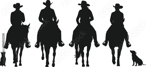 Cowboy rider silhouette collection with horses and dogs, western ranch characters isolated on white background, wild west equestrian people set for country design.