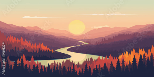 A breathtaking mountain landscape at dawn and dusk features a vibrant sunrise and sunset over misty peaks with a sun reflection on the calm lake water surrounded by a forest of autumn trees
