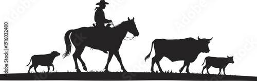 Cowboy riding horse silhouette with cow, calf and dog, western ranch herding scene isolated on white background, wild west livestock landscape illustration.