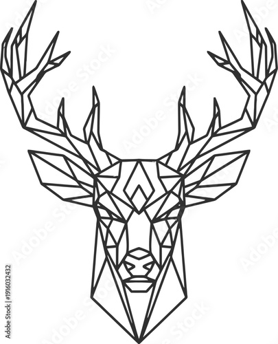 Geometric deer head illustration with antlers and leaves on white background.