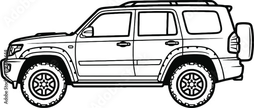 A simple black and white line drawing of a four door suv with a spare tire on the back.