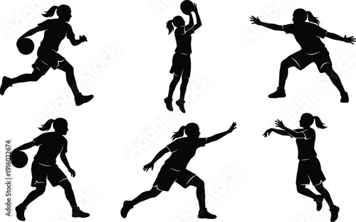 Female, basketball, player, silhouette, set, with, girls, dribbling, shooting, defending, and, jumping, for, sports, team, competition, fitness, exercise, and, training