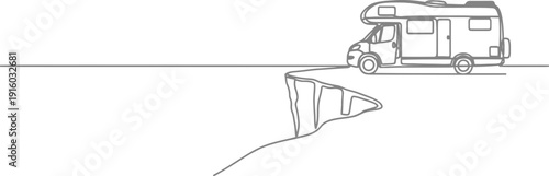 A camper van on the edge of a cliff in a simple line drawing style.