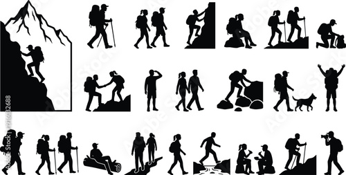 Hiking, climbing, and, trekking, silhouette, set, with, mountain, explorers, backpackers, travelers, outdoor, adventure, people, walking, together, on, nature, expeditions, and, summits