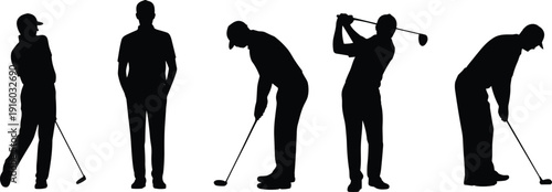 Golf player silhouette collection in different poses, isolated on white background, golfer standing, swing and putting actions, sport activity icons for tournament design.